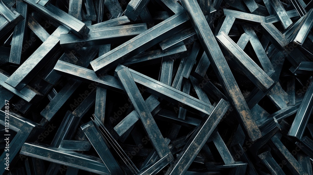 Poster abstract close-up of a chaotic pile of metallic structures or fencing materials suitable for industr