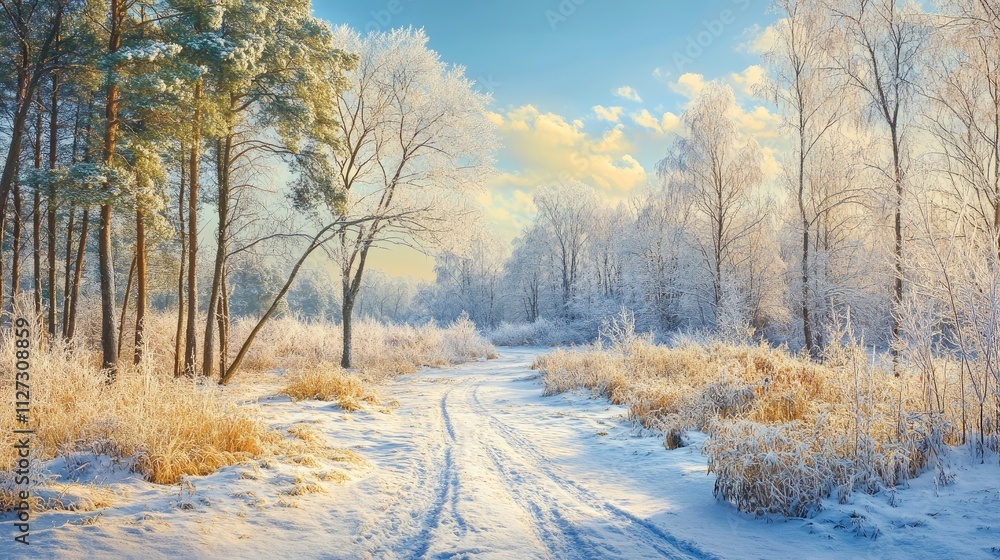 Poster Winter wonderland landscape with snow-covered trees and tranquil path at golden hour in a serene forest setting