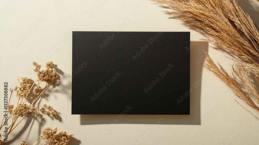 Poster elegant black invitation card mockup adorned with pampas grass on a beige table creating a chic and 
