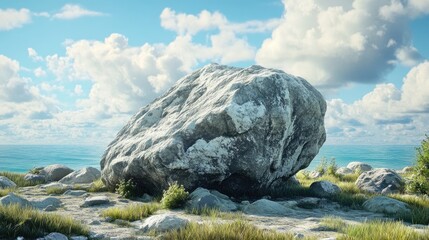 Lone boulder rock against a tranquil sea view with a serene sky and gentle clouds on a sunny day