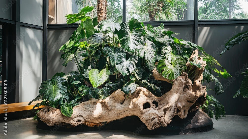 Poster lush philodendron plants cascading over a large tree trunk in a serene indoor botanical setting