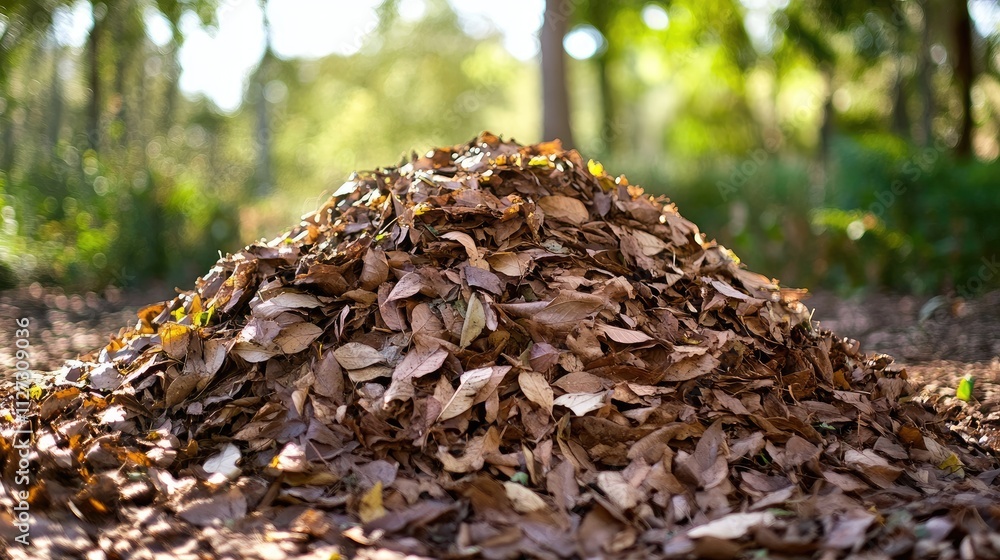 Poster piled brown leaves creating a natural landscape detail in autumn with blurred greenery in the backgr