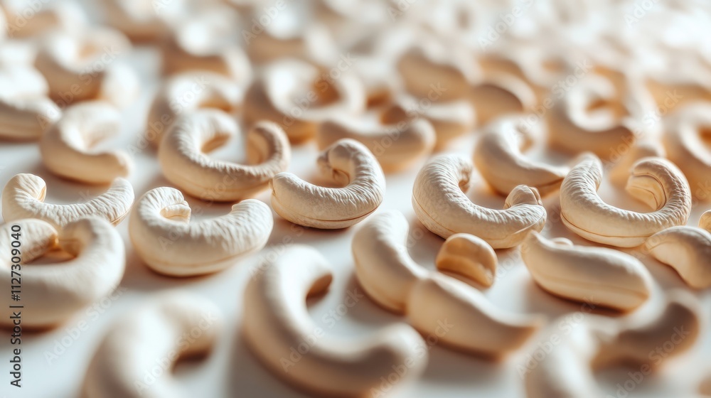 Poster close-up macro photograph of numerous raw cashew nuts arranged on a white background highlighting th