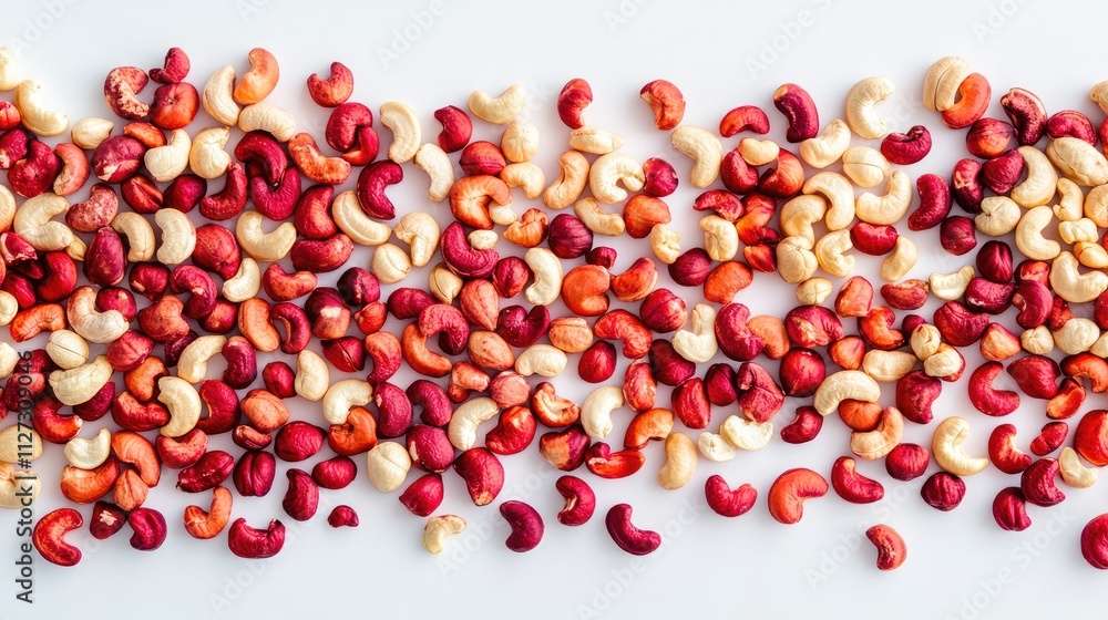 Poster assorted cashew nuts in various colors spread on a white background showcasing macro details and tex