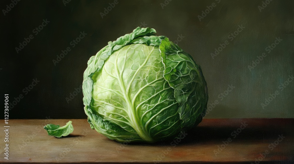 Poster fresh green cabbage on a rustic wooden table with a dark background ideal for culinary and healthy e
