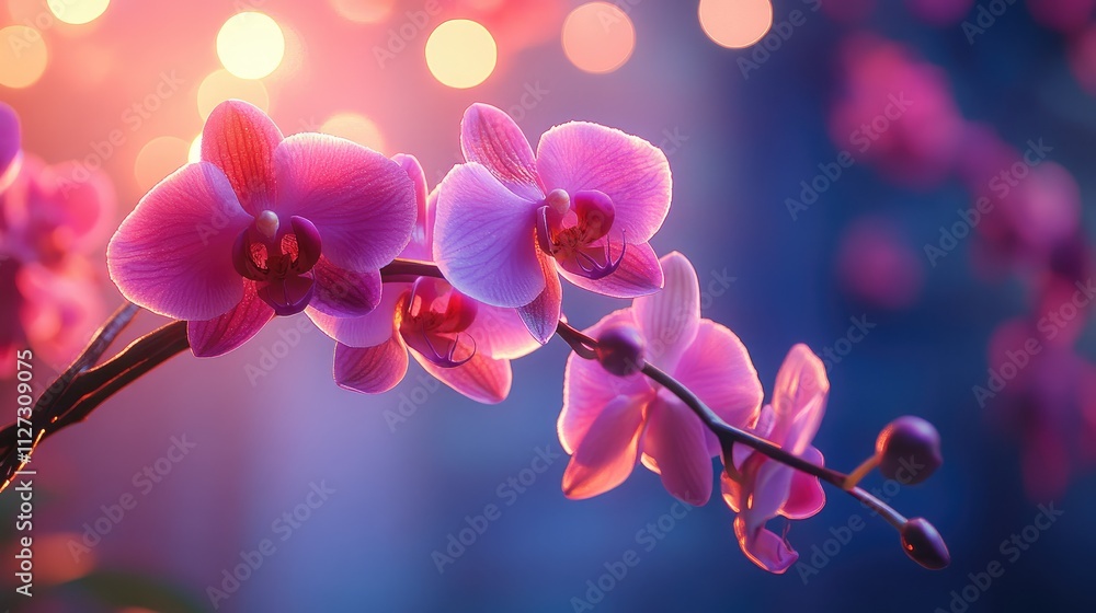 Poster vibrant purple orchid branch illuminated by soft bokeh lights creating a serene floral ambiance for 