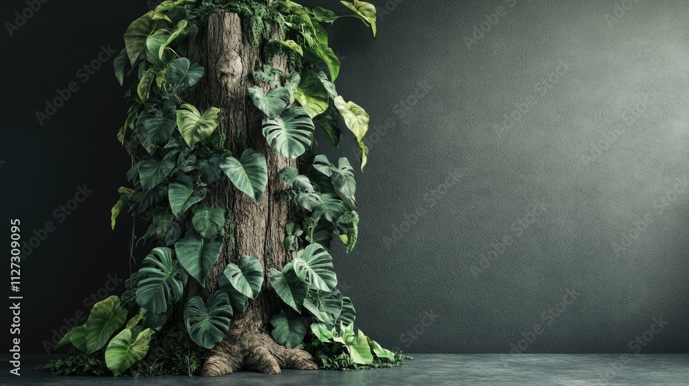 Poster lush philodendron vines draping over a textured tree trunk in a serene indoor setting with a dark ba