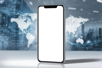 Smartphone mobile phone with World map on background, mobile mock-up,  AI generative