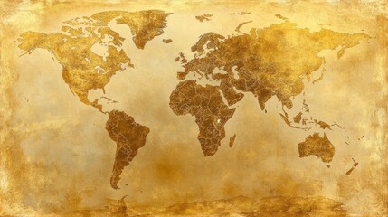 Fototapeta premium A vintage-style world map with a golden texture, emphasizing geographical features.