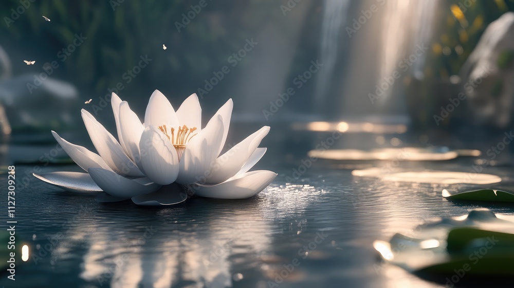 Poster elegant white lotus flower floating serenely on tranquil water with soft sunlight illuminating its d