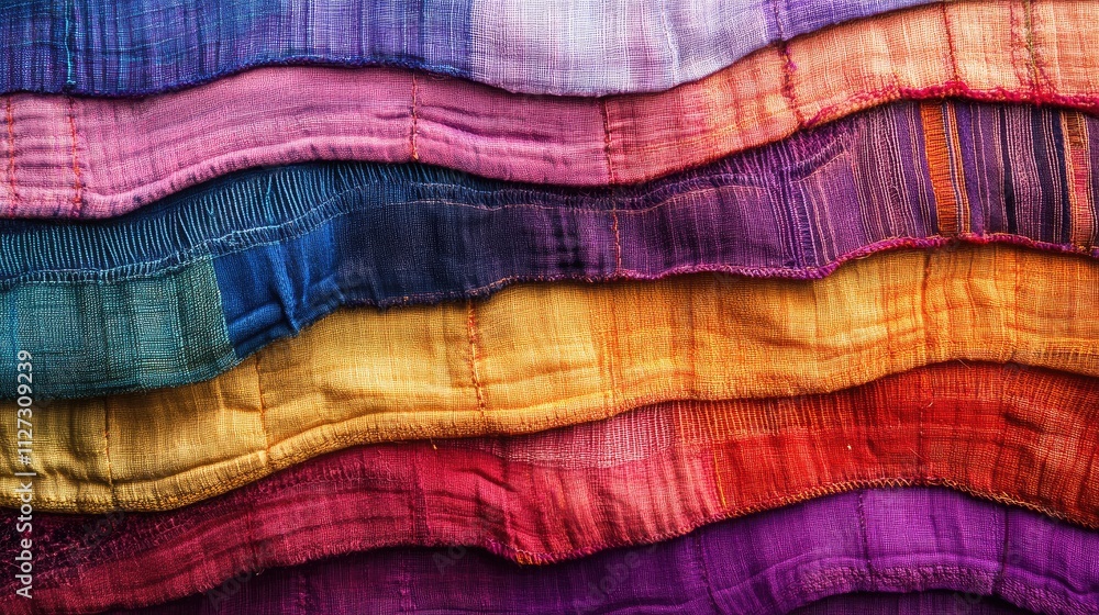 Poster vibrant multi-colored fabric texture layers showcasing rich hues and subtle pleats for creative desi