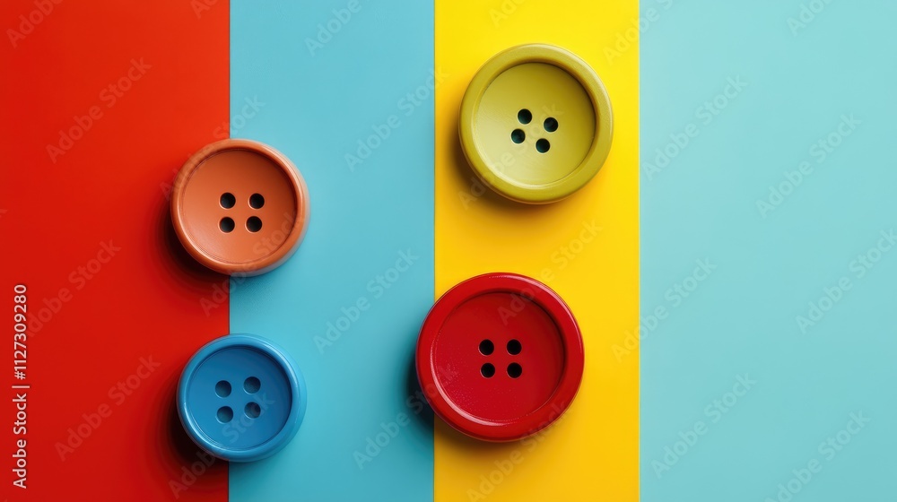 Poster Colorful buttons on a vibrant background representing business concepts and customer engagement in a creative design composition.