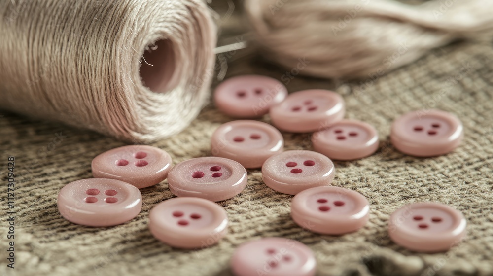 Poster pink round buttons scattered on a textured surface with linen threads and a needle creating a cozy s