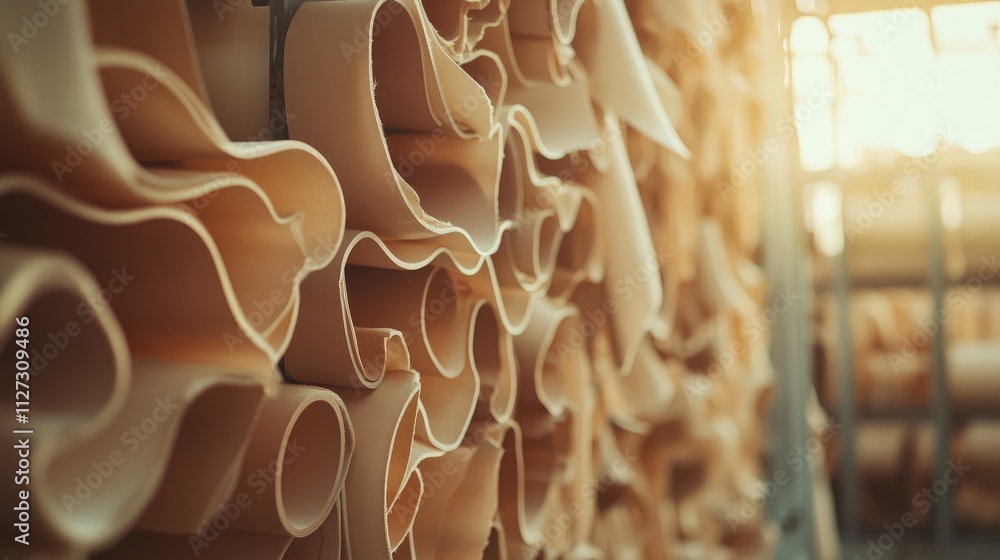 Poster rubber sheets drying on wooden rack illuminated by warm tones showcasing textures and soft focus in 