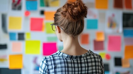 Creative woman analyzing user interface design concepts in a modern office environment with colorful sticky notes on the wall.
