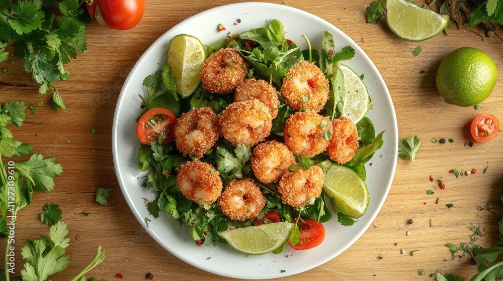 Poster crispy breaded shrimp on fresh green salad with lime wedges and tomatoes served on a white plate set