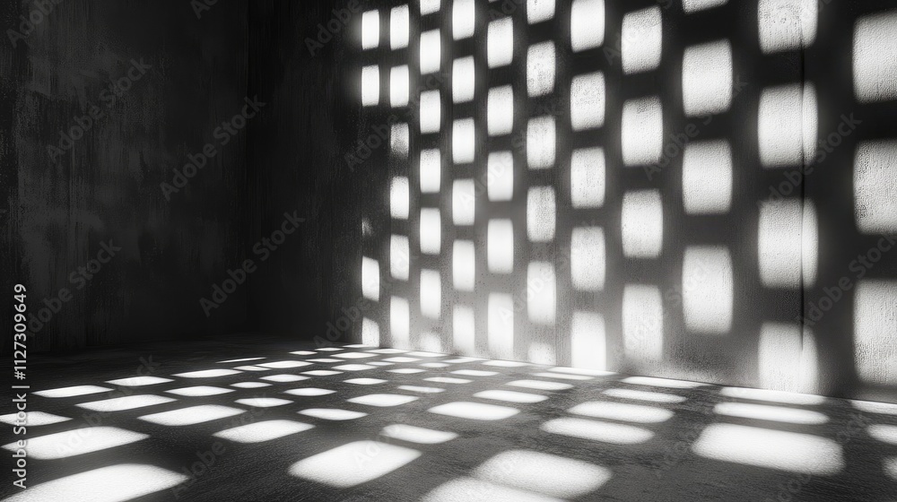 Poster black and white architectural interior with shadow play on wall highlighting modern design elements 