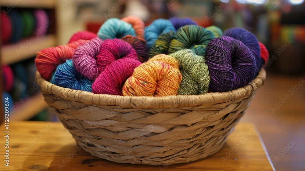 Poster vibrant assortment of colorful yarns arranged neatly in a woven basket showcasing various textures a