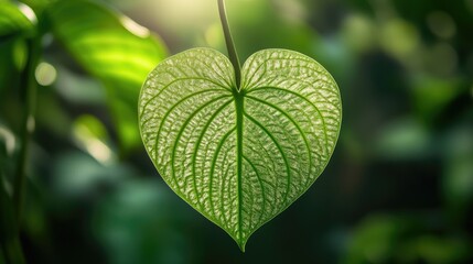 Close up of heart-shaped green orchid leaf with intricate veins against a blurred green background highlighting nature's beauty and tranquility