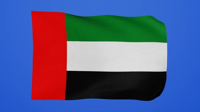 United Arab Emirates (UAE) national flags waving isolated on blue background or chroma key. 3D render animation with realistic fabric texture. United Arab Emirates flyng flag. Premium quality