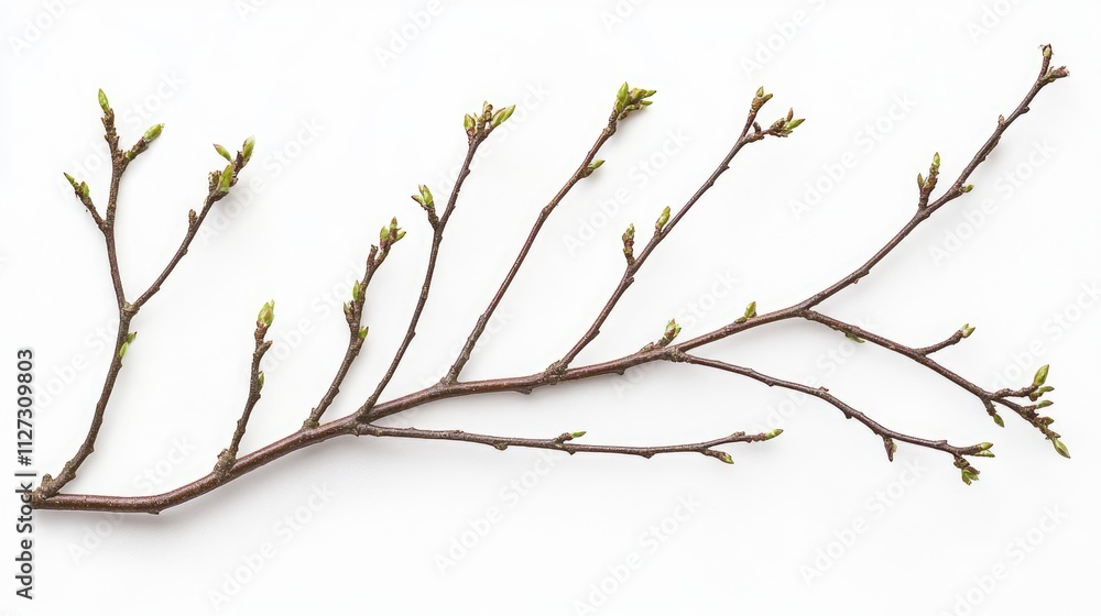 Poster Dried branch with budding leaves isolated on a clean white background for natural and botanical design concepts