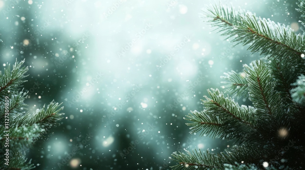 Poster Sprigs of green pine trees with a blurred background and soft snow falling in a tranquil winter setting