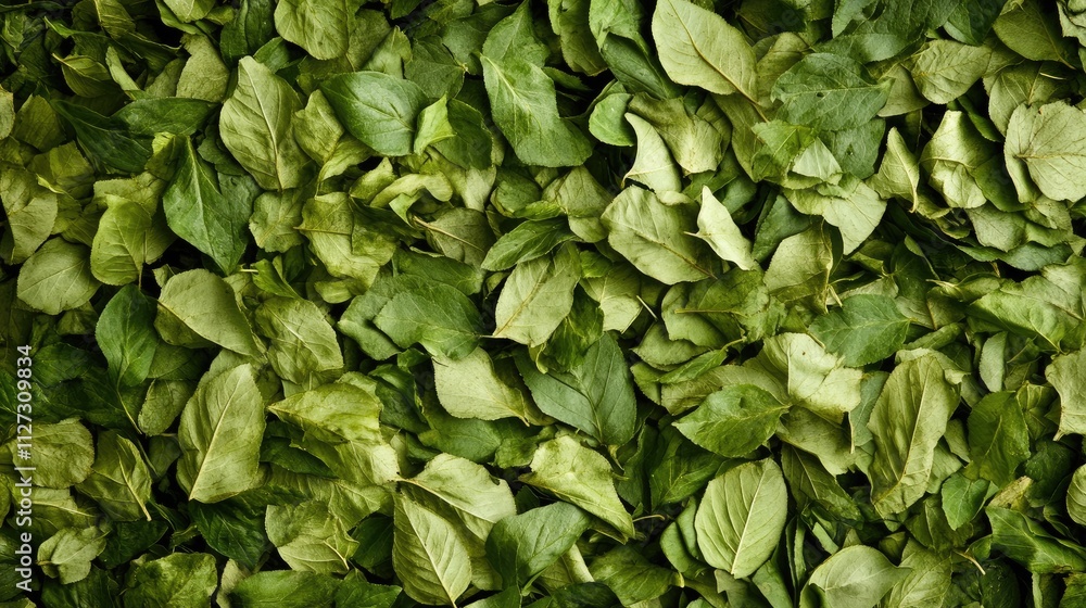 Poster High angle view of a dense pile of green leaves creating a natural background with ample space for text or messaging on the left side