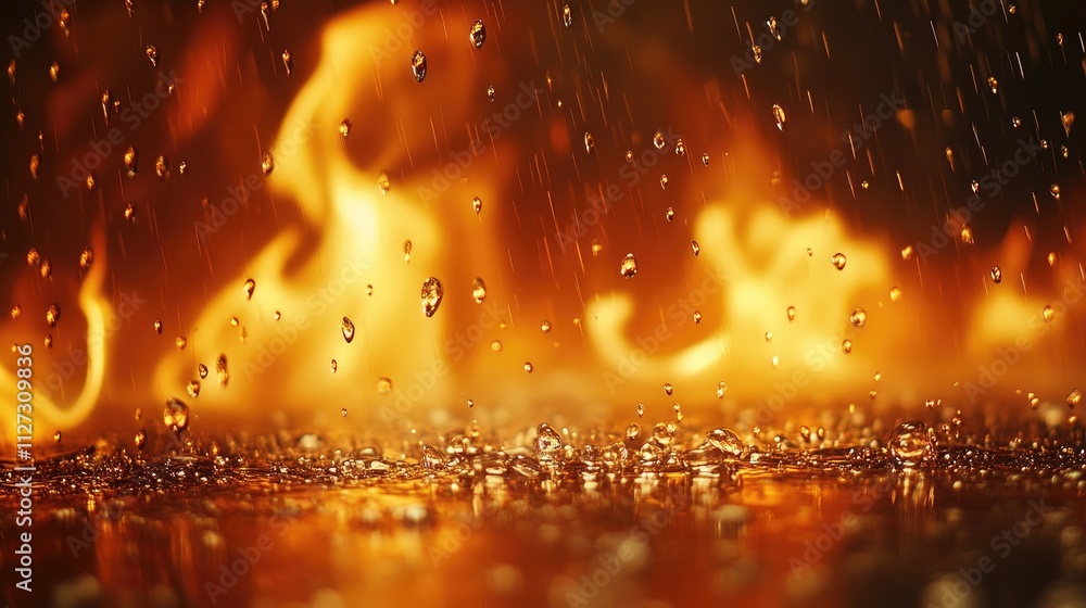 Poster raindrops falling on flames depicting the contrasting elements of water and fire in a dynamic and vi