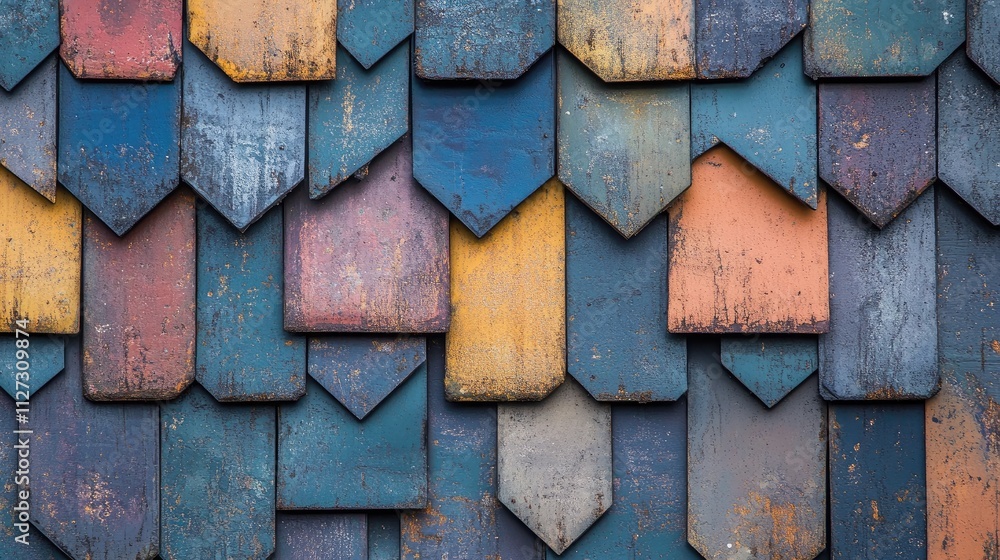 Poster Colorful weathered wooden shingles arranged in a unique pattern showcasing texture and design for architectural or design backgrounds.