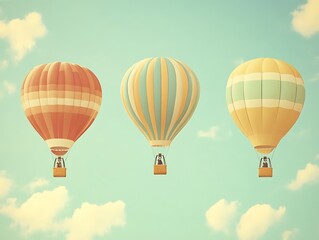 Three hot air balloons ascend into a pastel sky