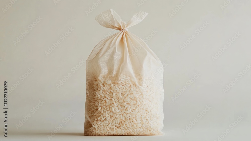 Aufkleber raw rice in a clear plastic bag isolated on a light background for culinary and food-related concept