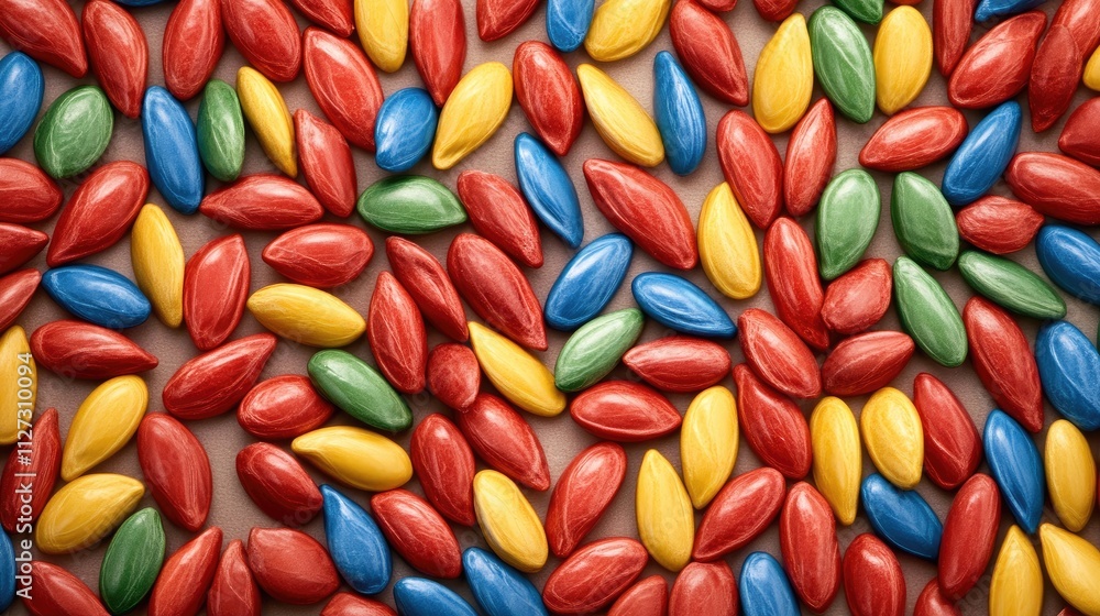 Poster vibrant assortment of colorful cereal seeds arranged in a lively pattern ideal for backgrounds or de
