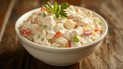 Creamy chicken and cheese salad with fresh vegetables and herbs served in a white bowl on a rustic wooden table
