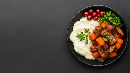 Poronkristys includes tender meat with veggies, creamy mashed potatoes, and cranberries