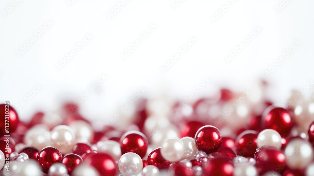 Poster pearl beads in red and white hues softly blurred on a white background creating an elegant decorativ
