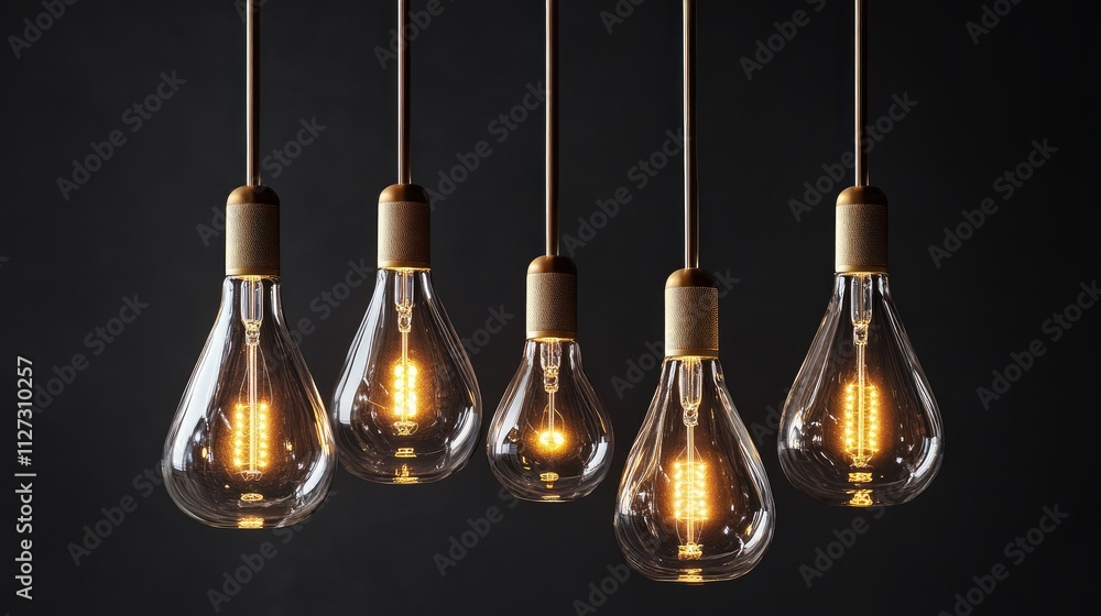 Poster vintage hanging light bulbs in a row illuminating a dark background creating a warm and elegant atmo