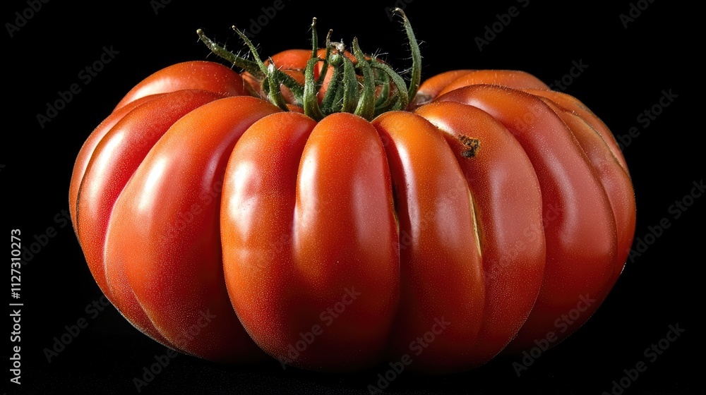 Poster ripe red tomato with unique shape resting on a black background highlighting its vibrant color and t