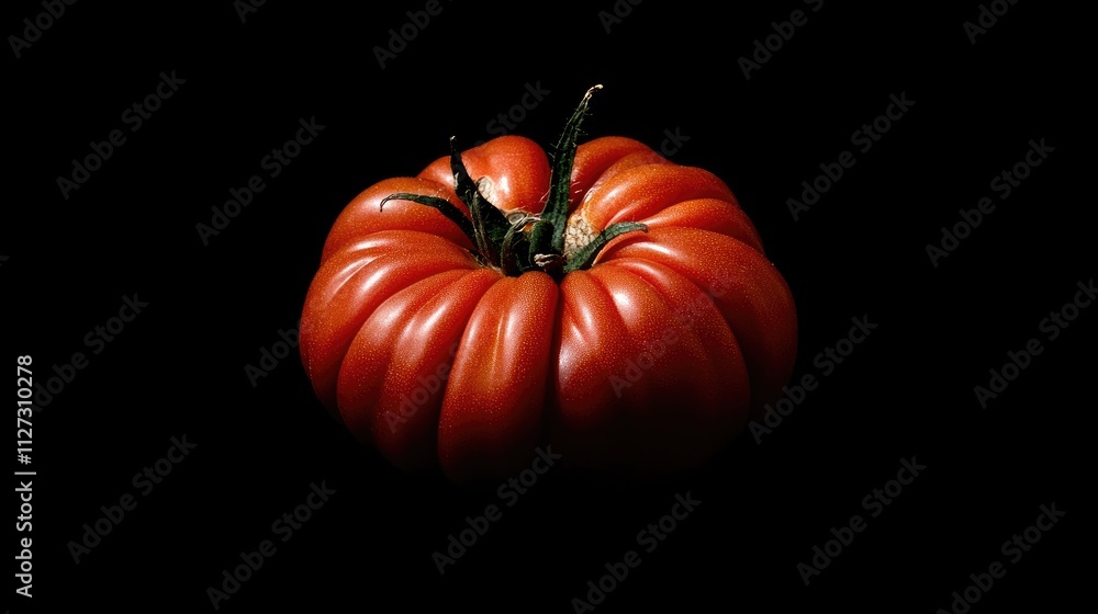 Poster ripe red tomato with a glossy surface set against a deep black background highlighting its rich colo