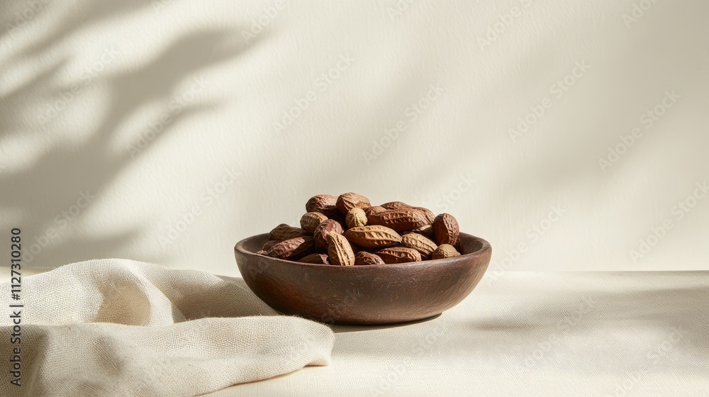 Poster Boiled peanuts in a wooden bowl against a light neutral backdrop with soft shadows creating a calming rustic atmosphere
