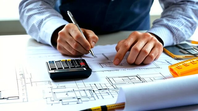 An architect standing at a drafting table in a spacious office, using a calculator to estimate costs, surrounded by architectural drawings and material samples.