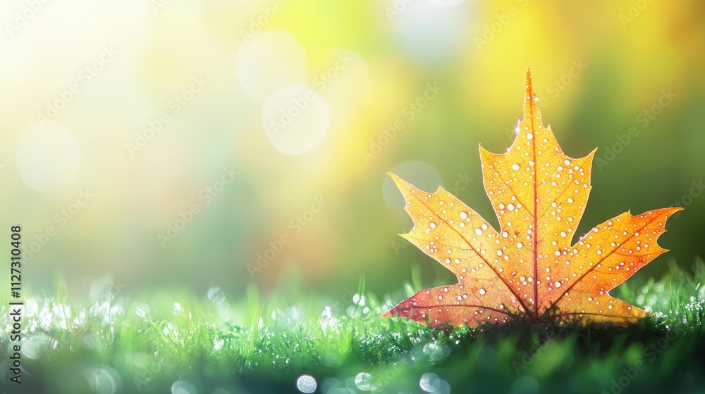 Aufkleber autumn maple leaf adorned with dew drops on vibrant green grass capturing the essence of nature's be
