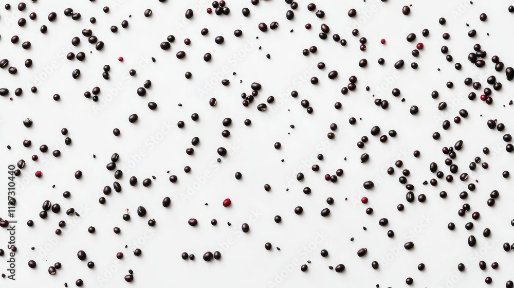 Poster black beans scattered on white background overhead view showcasing texture and detail of legumes in 