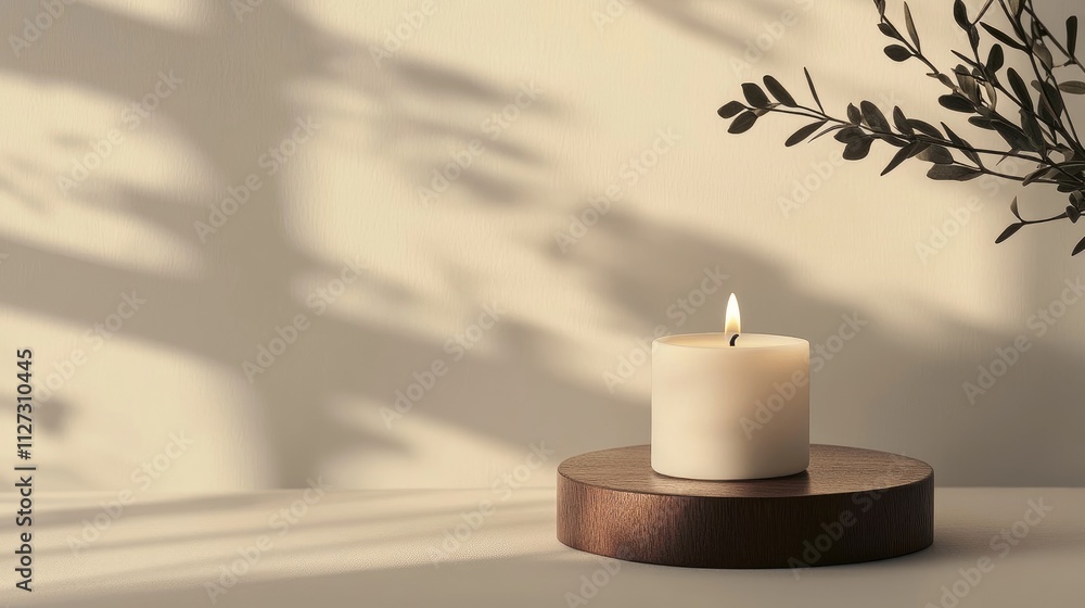 Poster serene white candle illuminating a wooden stand against a neutral background creating peaceful ambia