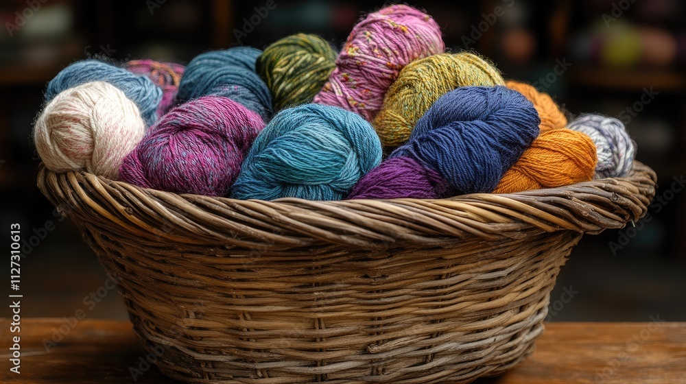 Poster Colorful yarn skeins in a rustic basket showcasing a vibrant array of textures for knitting and crafting enthusiasts