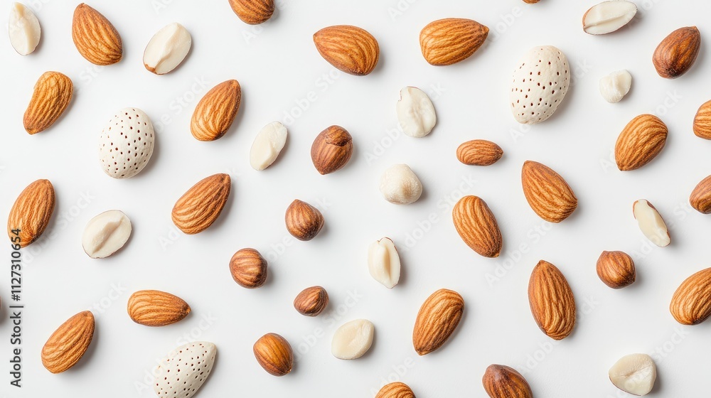 Poster variety of almonds nuts arranged aesthetically on a clean white background showcasing different shap