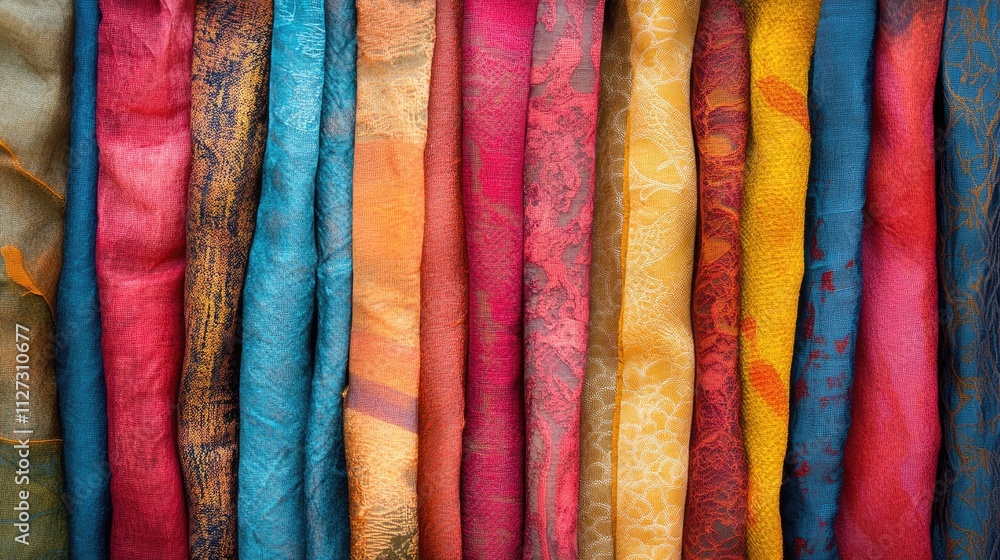 Poster multicolored fabric samples showcasing various textures and patterns for interior design and upholst