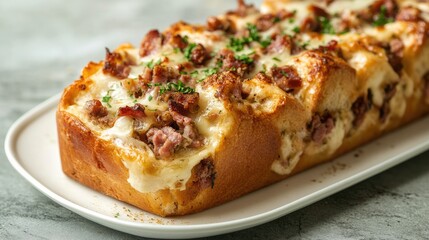 Meat and Cheese Stuffed Bread Loaf Served on a Plate Perfect for Breakfast or Tea Time