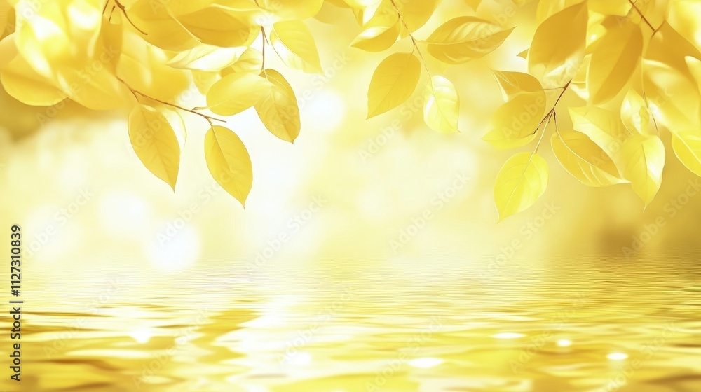 Poster golden autumn leaves reflected on tranquil water with a dreamy yellow backdrop creating a serene and