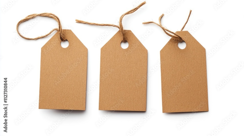 Poster Set of three blank brown cardboard tags with twine displayed on a clean white background for customizable labeling or crafting purposes.