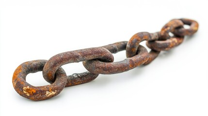 Rusty metal chain close-up isolated on white background highlighting its texture and form with ample empty space for design flexibility